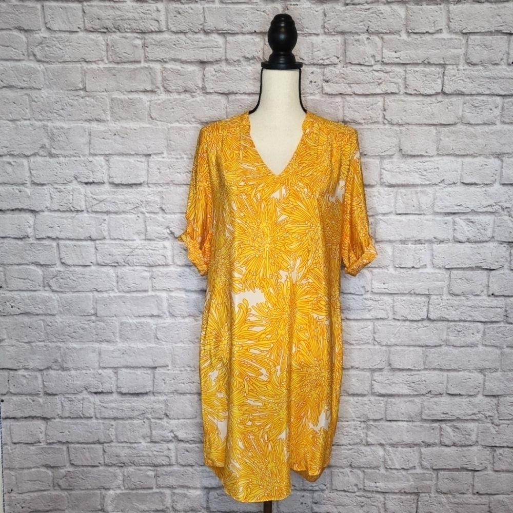 Amanda Uprichard dress yellow white floral tunic v neck knee length size M NWT - Picture 2 of 11